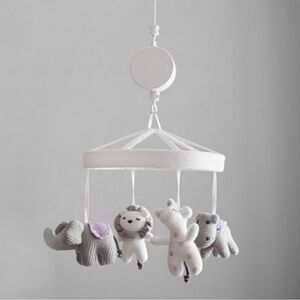 Pottery barn Knit Animal Baby Mobile - White & Light Gray with Pastel Accents